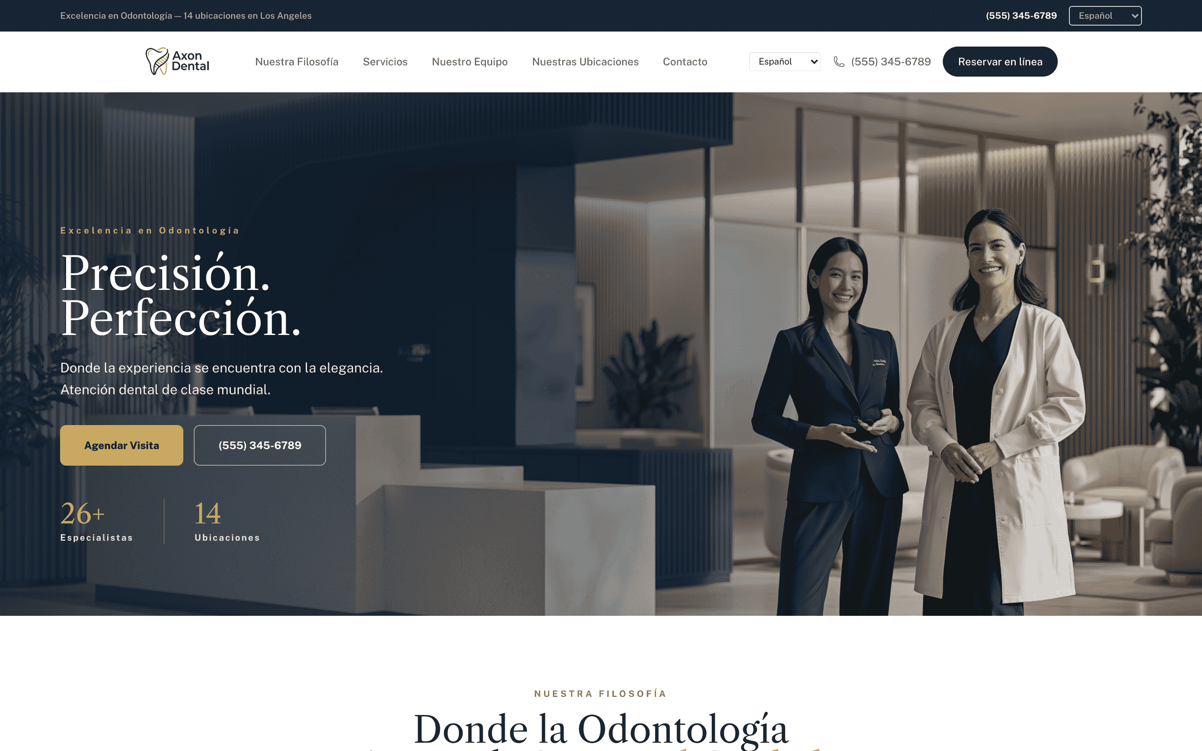 A practice's own public website, published from the PMS, shown in Spanish