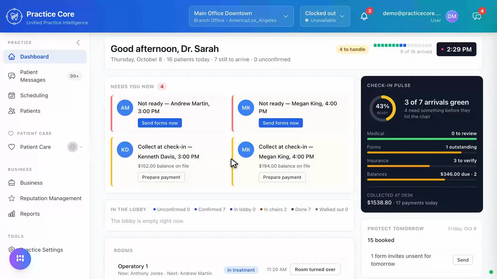 Front desk dashboard